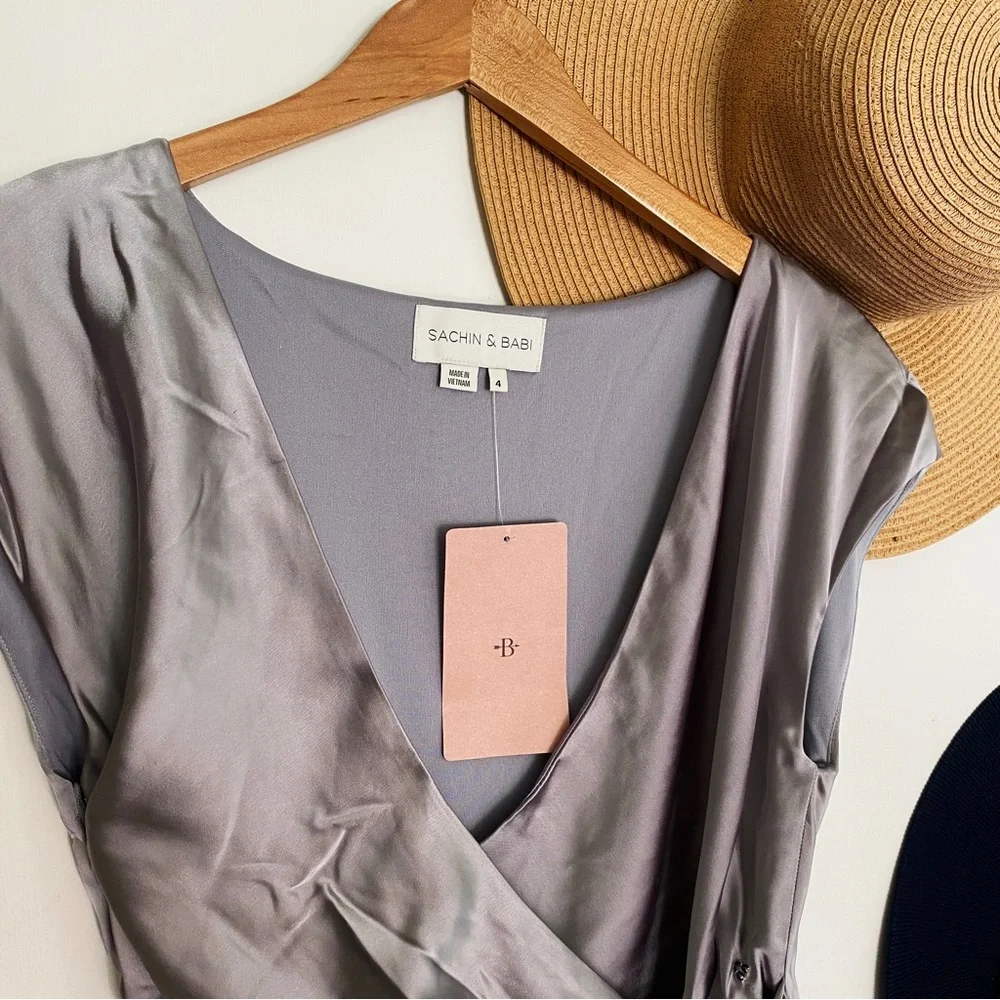 Anthropologie | BHLDN Sachin & Babi Roma Satin Wrap Dress Slate Grey Gray New 4 - Picture 13 of 15